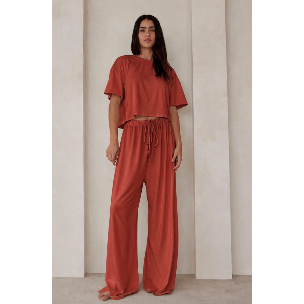 Bumpsuit The Cloud Terracotta Rust Lounge Set Crop Top Wide Leg Pants Size Large